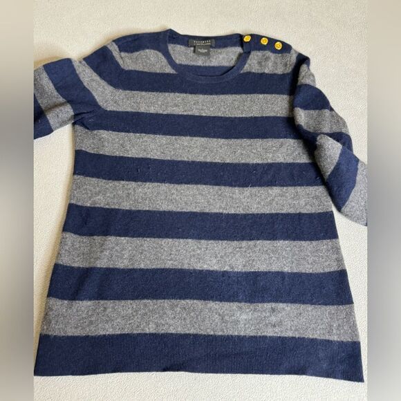 Bloomingdale's Women's Pure 100%Cashmere Sweater in Blue Grey Stripe Size L - Picture 6 of 16